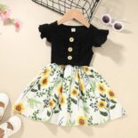Ribbed Floral Splice Ruffle And Bow Decor Flutter-sleeve