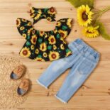 3-piece Sunflower Print Short-sleeve Top And Jeans Set - Image 3