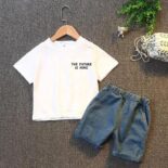 Boy Denim Shorts Letter Dinosaur Print Tee Set - Image 3