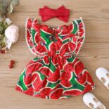 Girl Watermelon Print Sleeveless Ruffle Dress & Headband Set - Image 3