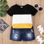 Boy Colorblock Short Sleeve Tshirt & Ripped Denim Shorts Set - Image 3