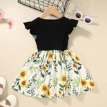Ribbed Floral Splice Ruffle And Bow Decor Flutter-sleeve - Image 3