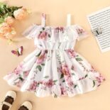 Toddler Girl Floral Print Ruffled Off Shoulder Strap Dress - Image 3