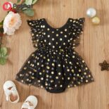 0-2Y Baby Girls Cotton Dress Long Sleeve Gold Dot Print Tulle Skirt Hem Decor Summer Kids Clothes