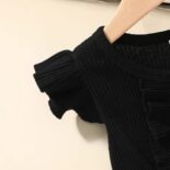 Ribbed Floral Splice Ruffle And Bow Decor Flutter-sleeve - Image 4