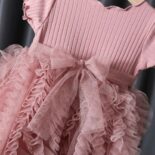 Ribbed Solid Mesh Layered Belt Decor Short-sleev Dress - Image 4