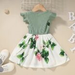 Ribbed Floral Splice Ruffle And Bow Decor Flutter-sleeve - Image 2