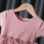 Ribbed Solid Mesh Layered Belt Decor Short-sleev Dress - Image 5