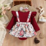 Ruffle Longsleeve Faux-two Floral Print Romper & Headband Set - Image 5