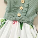Ribbed Floral Splice Ruffle And Bow Decor Flutter-sleeve - Image 4