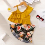 2-piece Toddler girl ruffled ribbed yellow camisole and floral  print  skirt set