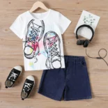 2-piece kid boy painting shoes print top sleeve tee and elasticized denim short set