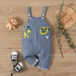 Baby girl cartoon lion embroidered pinstriped sleeveless overalls