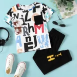 2-piece Kid Boy Colorful Letter Print Tee and Elasticized Black Pants Set