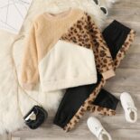 Girls' Casual Leopard Print Fluffy Pullover Sweatshirt and Fleece Lined Pants 2 Piece Set