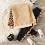 Girls' Casual Leopard Print Fluffy Pullover Sweatshirt and Fleece Lined Pants 2 Piece Set - Image 2