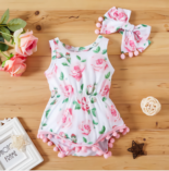 Summer Baby Girl's Sweet Floral Sleeveless Romper with Headband