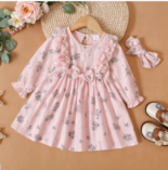 Baby 2-Piece Cotton Floral Print Ruffle Bowknot Long Sleeve Dress Set