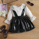 Black dress with a leather and White blouse with lace details set