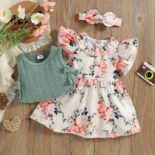 3pcs baby girl floral print short sleeve  ruffle dress textured tank top with headband  set