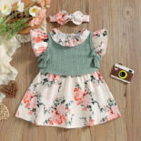 3pcs baby girl floral print short sleeve  ruffle dress textured tank top with headband  set - Image 8