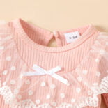 Ribbed Lace And Bow Decor Mesh Layered Pink Baby Romper - Image 3