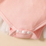 Ribbed Lace And Bow Decor Mesh Layered Pink Baby Romper - Image 4