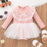 Ribbed Lace And Bow Decor Mesh Layered Pink Baby Romper