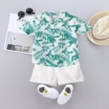 2pcs Kid Boy Casual Regular Fit Tropical Plants And Floral Lapel Top And Pants Set