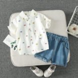 Summer new boys short-sleeved denim shorts suits fashionable thin breathable boys shirt two-piece suits