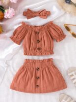 3pcs Baby Infant Girls Casual Plain Color Off Shoulder Top & Skirt & Headband Set Clothes