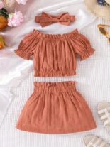 3pcs Baby Infant Girls Casual Plain Color Off Shoulder Top & Skirt & Headband Set Clothes - Image 3