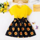 Girl Floral Sunflower Print Splice Belted Shortsleeve Dress