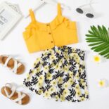Girl Ruffled Button Camisole And Floral Print Belted Shorts
