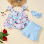 Ribbed Print Ruffle Decor Sleeveless Top And Short & Headband