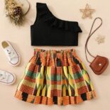 Girl Flounce One Shoulder Black Crop Top And Skirt Set