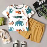 Boy Animal Print Short-sleeve Tee And Khaki Shorts Set