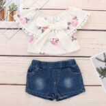 Girls' sweet style children's bow print top + denim shorts set