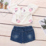 Girls' sweet style children's bow print top + denim shorts set - Image 4