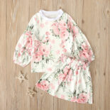 Girls and children spring and autumn trend long sleeve flower print top + short skirt two-piece set children's - Image 2