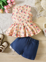 Girls pit strip floral sleeveless top, denim shorts - Image 5