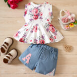 Girls pit strip floral sleeveless top, denim shorts