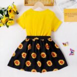 Girl Floral Sunflower Print Splice Belted Shortsleeve Dress - Image 3