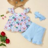 Ribbed Print Ruffle Decor Sleeveless Top And Short & Headband - Image 3