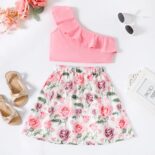 Pretty Kid Girl One Shoulder Ruffled Floral Casual Suits - Image 3