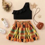 Girl Flounce One Shoulder Black Crop Top And Skirt Set - Image 3