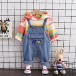 Spring and Autumn Hooded Denim Bib Pants Small and Medium-sized Trendy Children 1-4 Years Old Casual Pullover Stripe Cartoon Handsome Suit