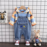 Spring and Autumn Hooded Denim Bib Pants Small and Medium-sized Trendy Children 1-4 Years Old Casual Pullover Stripe Cartoon Handsome Suit - Image 2