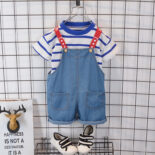 Summer boy's striped shirt denim bib two-piece set for children fashion handsome set - Image 2