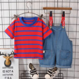 Summer boy's striped shirt denim bib two-piece set for children fashion handsome set - Image 3